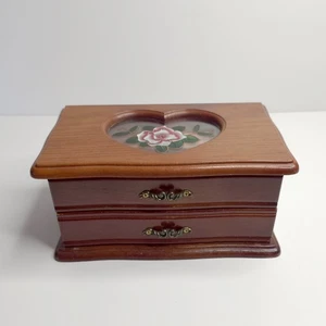 Vintage Wood Jewelry Box Flowers Stained Glass Looking Heart Window Pink Velvet - Picture 1 of 11