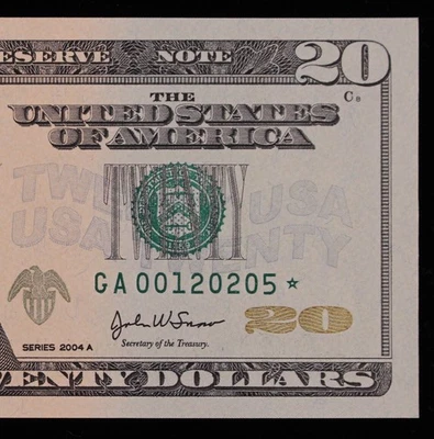 $20 2004A GEM CU Star Federal Reserve Note GA00120205* Single Run Issue 384K - Image 1 of 3