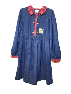 Osh Kosh Vintage Blue Denim Red Plaid Accent Button Front Dress Size 6X - Image 1 of 4