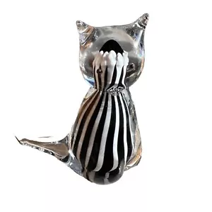 Statuetta vintage fatta a mano vetro arte cristallo soffia a mano bianco e nero a righe gatto - Foto 1 di 8