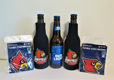 TWO (2) LOUISVILLE CARDINALS, NEOPRENE BOTTLE SUITS & TWO FLEXIBLE MAGNETS Cover