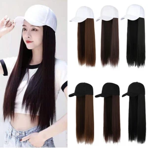 Women Baseball Cap Hat with Synthetic Hair Long Straight Full Wig Party Prop - Picture 1 of 25
