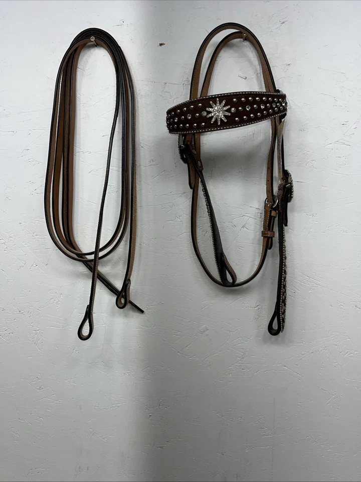 Nuevo cabecero de cuero plateado con cuentas reales de diamante con riendas divididas U-35 Foto 1 de 4