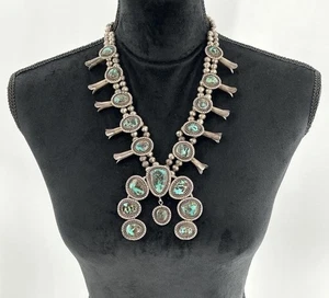 Vintage Navajo Cayaditto Turquoise Sterling Silver Squash Blossom Necklace - Picture 1 of 12