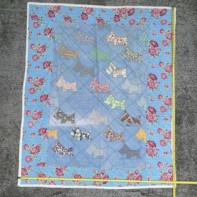 Vtg Quilt Hand Quilted Blue Scottie Dog Red Roses Floral 1930s 62x74 - Image 1 of 4
