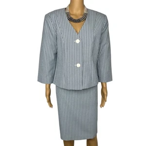 New Isabella Polyester Skirt Suit 14 Blue White Striped Collarless 3/4 Sleeves - Picture 1 of 10