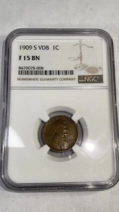 Centavo Lincoln 1909-S VDB (penny) NGC F15 BN *FECHA CLAVE RARA* *LOSA/MONEDA EXACTA* - Imagen 1 de 5