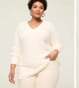 Lane Bryant Cable Knit V-Neck Sweater Cream Women’s Size 26/28 EUC - Picture 1 of 10