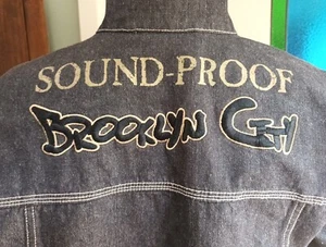 Vintage Petaclio Denim Jacket Sz L Dark Charcoal "Sound Proof Brooklyn City" 90s - Picture 1 of 22
