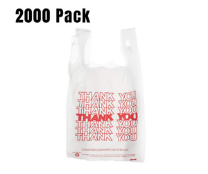 2000 Pack- 1/6 White Thank You Plastic Shopping Bags - T-Shirt Style - 22x12x8