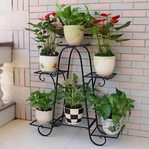 Heavy Duty Metal Plant Stand W/ 3 Layers 6 Flower Pots Shelf Display Rack Black - Picture 1 of 12