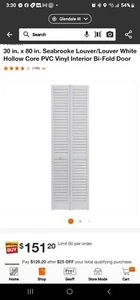 Seabrook 30 X 80 White Louver Hollow Core PVC Vinyl Bi-Fold Door - Picture 1 of 1
