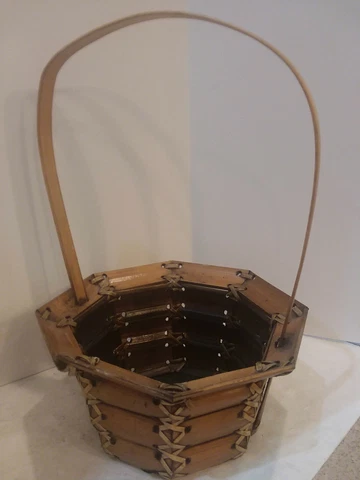 Bamboo Wicker Basket Criss Cross Stitched Octagon Brown Cover
