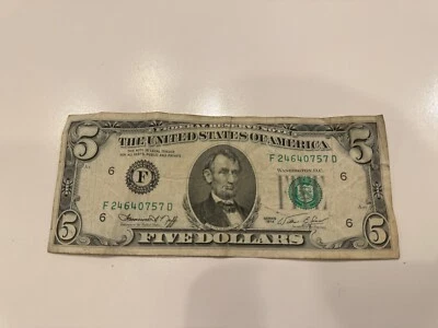 1974 $5 Five Dollar  Federal Reserve Note F 24640757D - Image 1 of 2