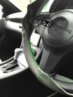 FOR PEUGEOT 308 GREY PERFORATED LEATHER STEERING WHEEL COVER 07+ GREEN DOUBLE ST - Image 1 of 4