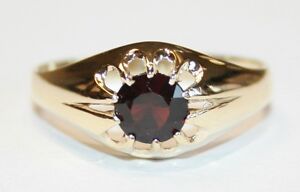 Gents 9ct Gold Garnet Gypsy Set Solitaire Ring Mens Size R-Z *BRITISH MADE*