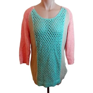 Tribal Brand Open Knit See Through Sweater Colorblock 3/4 Sleeve Colorful Boho L - Bild 1 von 14
