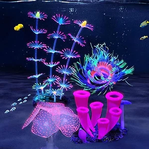4 Pieces Aquarium Fish Tank Decorations with Glowing Effect, Silicone Glow Artif - Picture 1 of 12