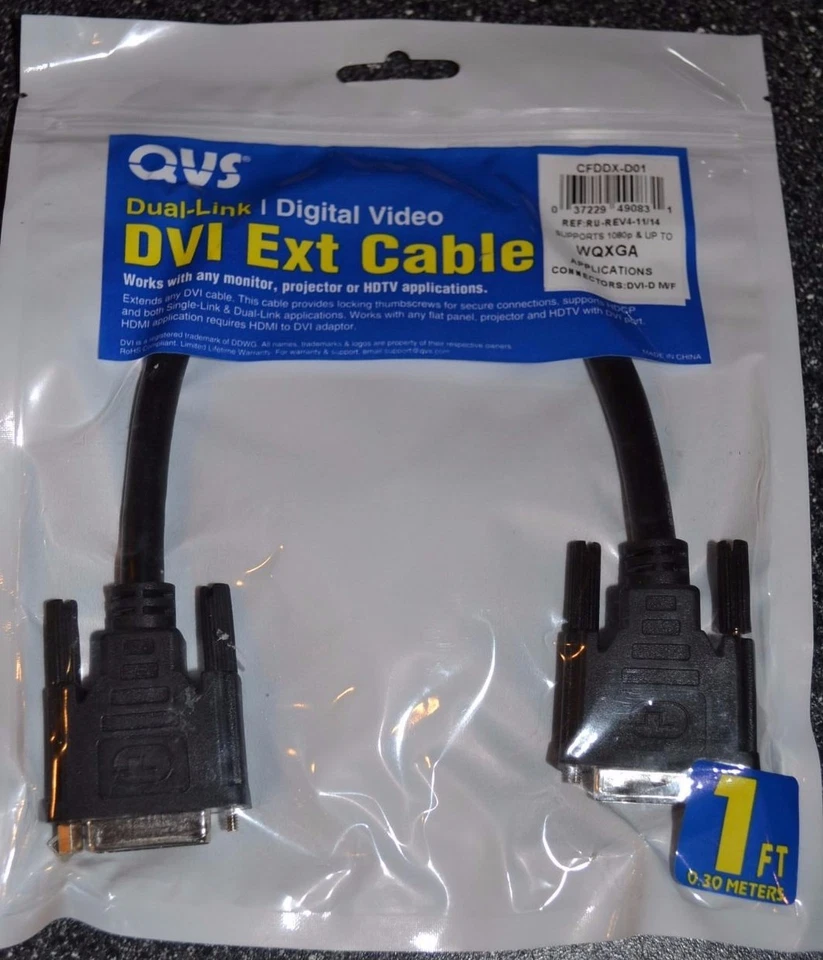 DVI EXT Cable QVS Dual Link Digital Video Male to Female 1 ft dvi-d m/f black  - Image 1 of 1