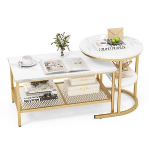 Nesting Coffee Table Set of 2 Faux Marble Top Detachable w/ Storage Shelf Gold - Picture 1 of 10