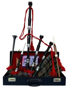 Highland Rosewood Bagpipe For Sale Black Finish Wi Black Watch Weathered Tartan - Picture 1 of 5