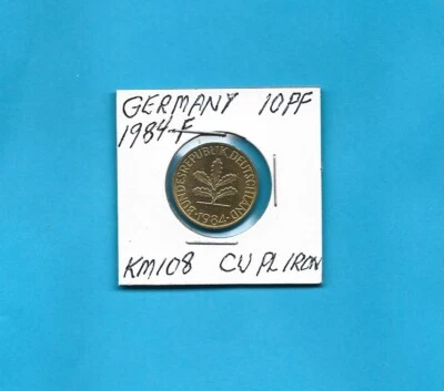 1984-F Germany 10 Pfenning KM108 Copper Plated Iron  Uncirculated - Image 1 of 2