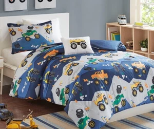 MONSTER TRUCKS RALLY COMFORTER SET : KIDS BOYS WHITE BLUE JAM BEDDING - Picture 1 of 8