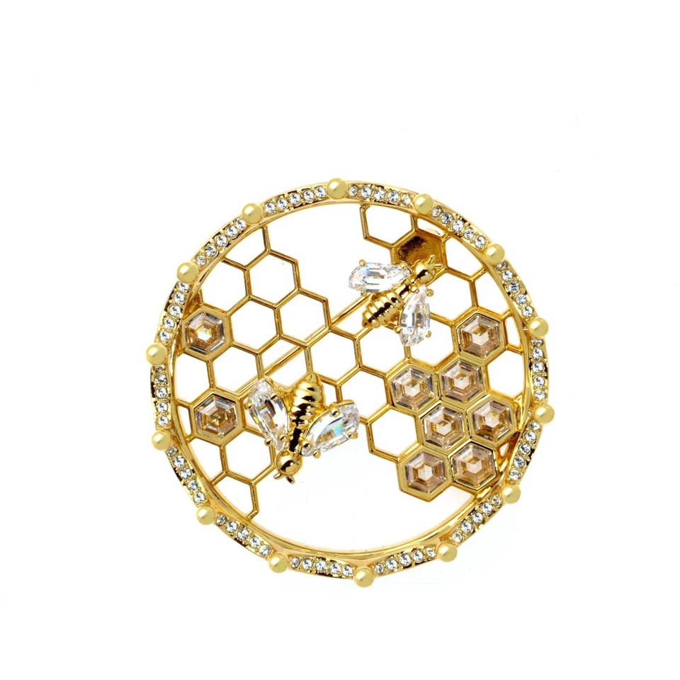 Swarovski Women's Brooch Bee A Queen Yellow Gold White Crystal Honeycomb 5501079