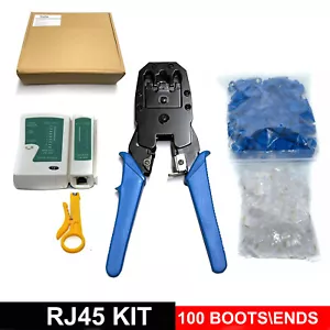 RJ45 CAT5E CAT6 TESTER ETHERNET NETWORK CABLE CRIMPING TOOL / 100X CONNECTORS - Picture 1 of 12