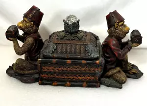 Rara scatola portagioie Trinket scimmie marocchine che indossano Fez offerta scatola del tesoro vintage - Foto 1 di 11