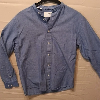 Linen Blend Shirt Blue Small Long Sleeve Cotton Smart Casual Selected Homme VGC - Image 1 of 4
