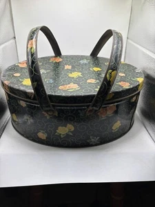 Vintage 1950’s Double Handled Sewing/Lunch Box Tin w FLOWERS Theme - Picture 1 of 4