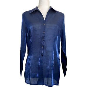 Fashion Bug Sheer Navy Blue Button-Up Blouse Small Rayon/Poly Blend Lightweight - Picture 1 of 3