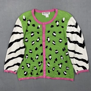 Jack B Quick Sweater Womens M Lime Green Cow Zebra Vintage Cardigan Animal Print - Picture 1 of 17