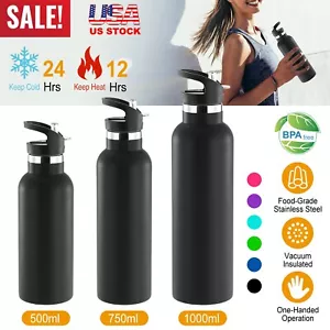 500-1000ML Sports Water Bottle Travel Outdoor Bike Vacuum-Insulated Flask Straws - Picture 1 of 23