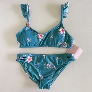 NEW O’Neill Girls “Chandler” Floral Ruffle Bralette swim set in teal -Size 10 - Picture 1 of 12