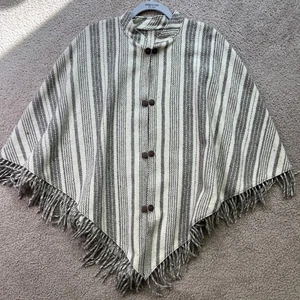 Authentic Mexican Wool Knit Women's Cape Poncho Striped Front Buttons Size OS - Picture 1 of 6