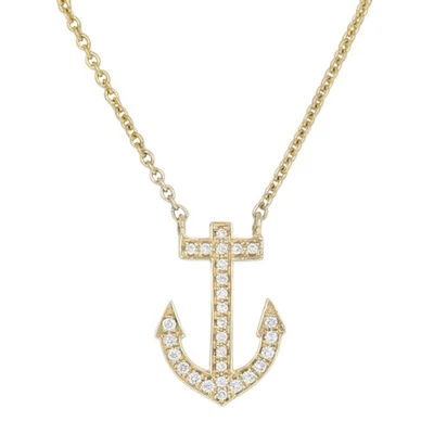 Oro Giallo Diamante Ancora Collana - 14k Rotondo Brillante Cut .20ctw Regolabile - Immagine 1 di 4