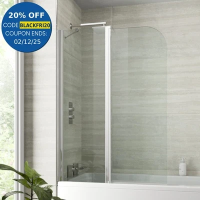 Modern Bathroom Bath Shower Screen 2 Section Curved Chrome 1000mm Reversible 6mm - Image 1 of 4