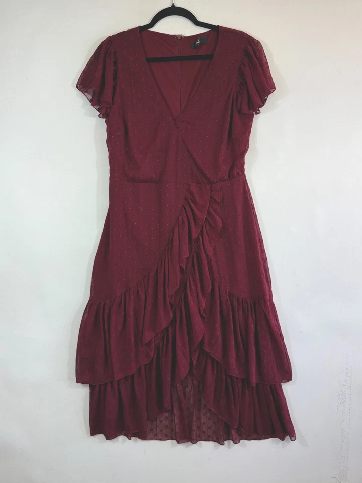 Vestido romántico Lulus para mujer grande borgoña punto elevado gasa envolvente frontal volantes Foto 1 de 4