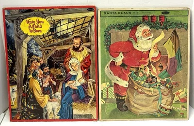 Vintage 1950s Whitman Christmas Frame Tray Puzzles Lot of 2 Santa & Nativity - Image 1 of 4