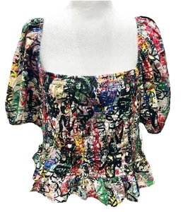 Truth Milkmaid Top Womens 2X Graffiti Artsy Puff Sleeve Crop Grunge Whimsigoth - Picture 1 of 11