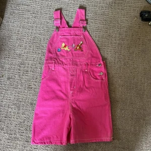 Vintage Winnie The Pooh PINK Shortalls Girls Bib Overalls Embroidered Disney - Picture 1 of 13