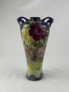 Antico vaso floreale Royal Kinran Nippon dipinto a mano rose blu cobalto oro usato in ottime condizioni - Foto 1 di 7