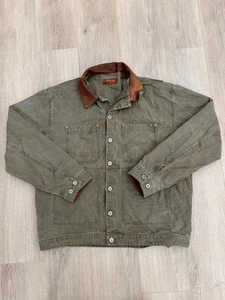 Orvis Jacket Olive Canvas Chore Barn Coat Leather Collar Cuffs sz L Workwear - Picture 1 of 8