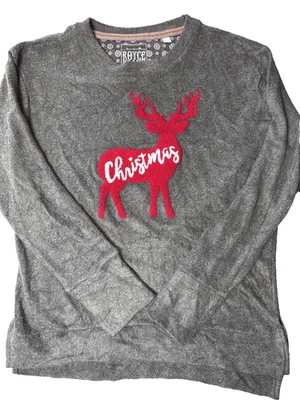 女式灰色圣诞毛衣 L 码舒适长红色驯鹿假日派对上衣 — 第 1/4 张图片