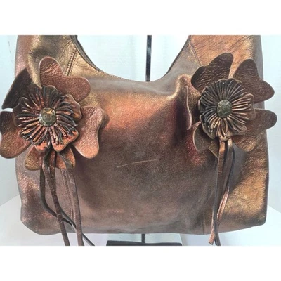 CHI Carlos Falchi Metallic Bronze Leather Hobo Bag W/Flowers Dust Bag 1 CALLOUT - Image 1 of 4