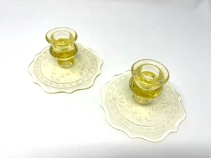 Topaz Yellow Edge Glass with leaf design candlestick holder set of 2 - Picture 1 of 2