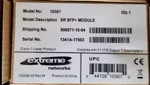 Extreme Networks 10301 SR SFP+ 10GbE Module, 850nm, MMF 26-400m *Factory Sealed* - Picture 1 of 3