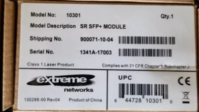 Extreme Networks 10301 SR SFP+ 10GbE Module, 850nm, MMF 26-400m *Factory Sealed* - Image 1 of 3